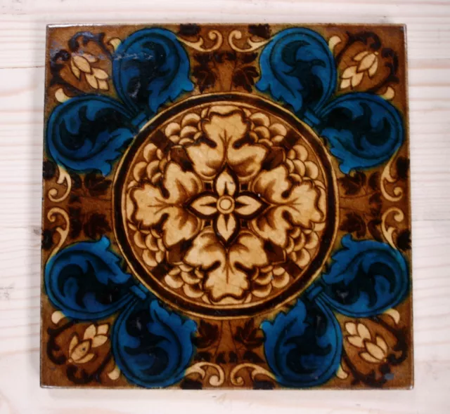 Set of 3 Antique Ceramic Vintage Victorian Tiles 6 in x 6in Blue & Brown