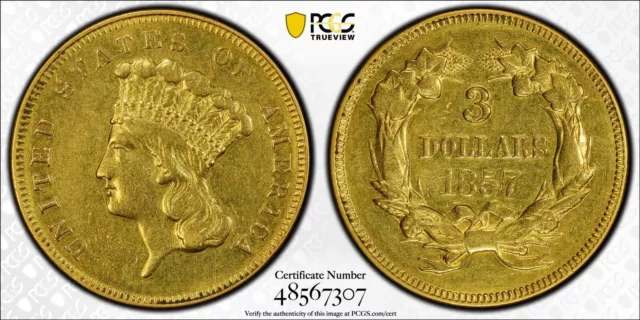 1857 Three Dollar Indian Gold Coin $3 - Certified PCGS AU Details - Free Ship