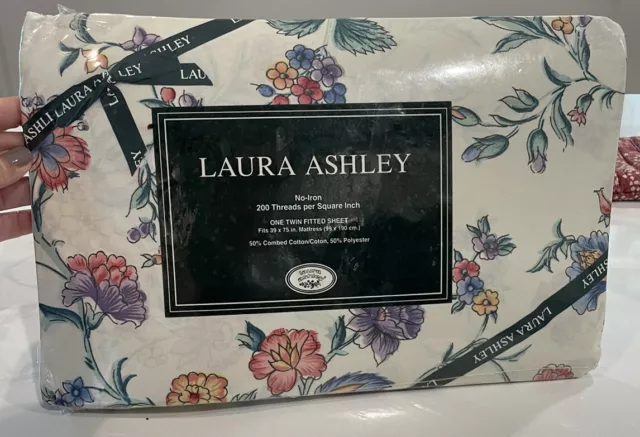 Pretty Laura Ashley, Chinese Silk, 1990, Floral Twin Fitted Sheet, Retired NIP