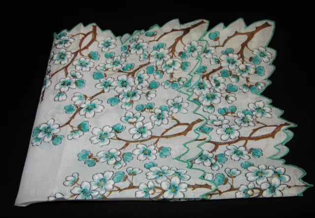 Vintage Hankie Turquoise Blossoms on Branch Scalloped
