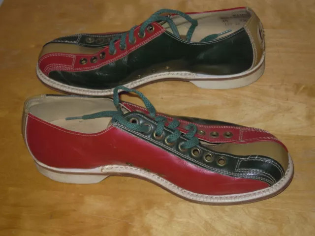 Vintage Men's 50s Size 6.5 Brunswick Bowling Shoes Red Green Leather Lace-Up USA