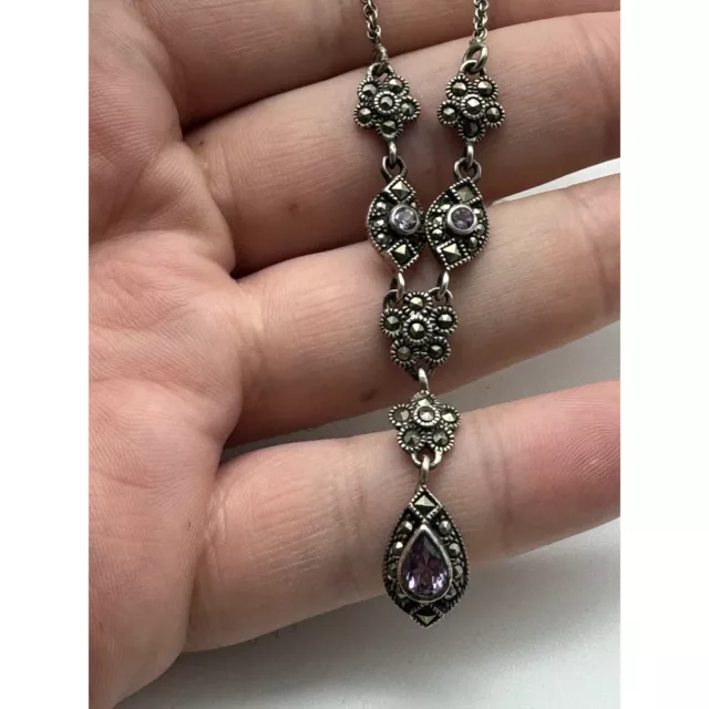 Vintage Sterling Silver Amethyst and Marcasite Necklace