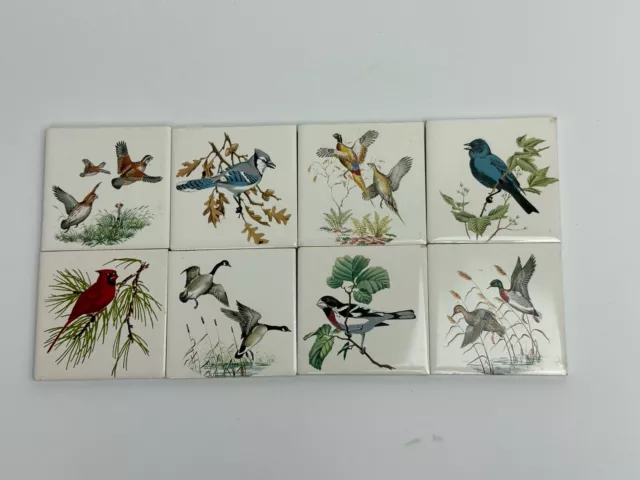 Vintage Hand Painted Bird Nature Ceramic Tiles Coaster Trivet Sample Set of 6 3"
