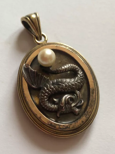 Pendentif ancien dragon perle reliquaire pensée fleur bijou sentimental XIXeme