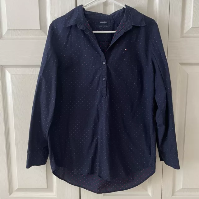 Women’s L Tommy Hilfiger Polka Dot Navy Red 1/4 Button Long sleeve Top