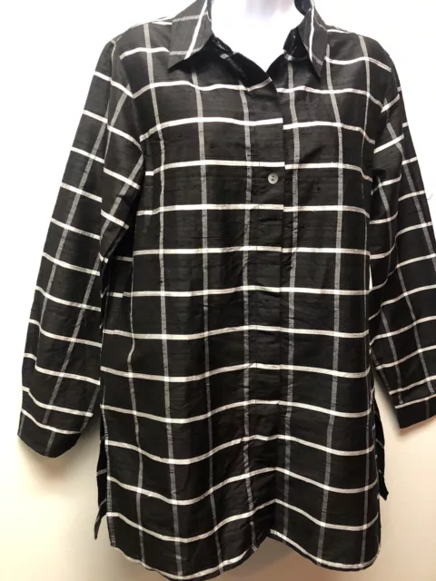 New Coldwater Creek Sz S 100% Silk Black Plaid Button Front Long Slv Top Tunic