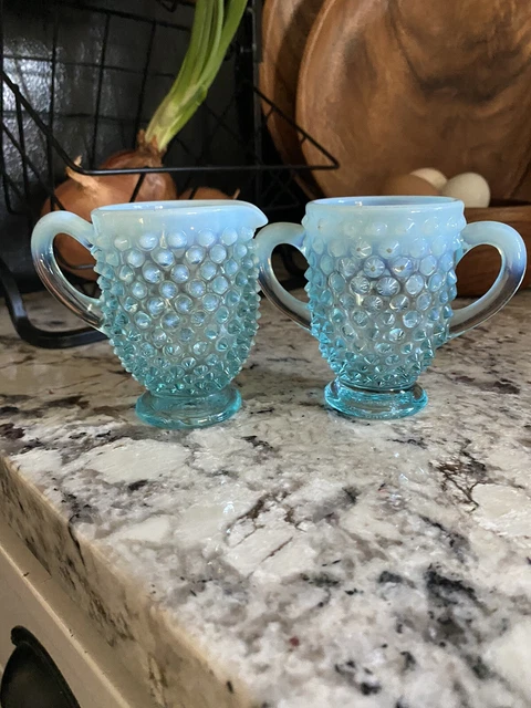Vintage Fenton Blue Opalescent Milk Glass Hobnail Cream & Sugar Set!