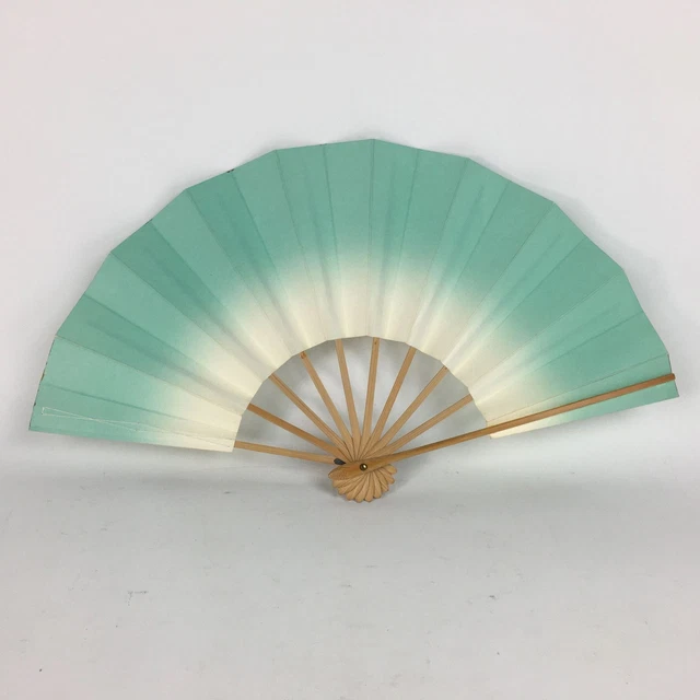 Japanese Folding Fan Vtg Sensu Paper Bamboo Frame Light Green Gradation 4D495