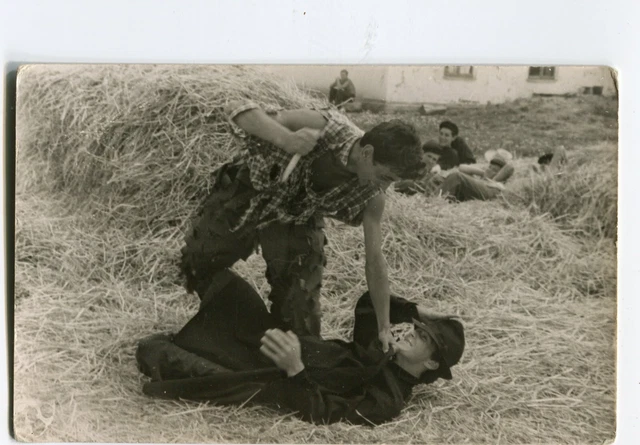 Handsome young men wrestling fight w/ knife weird odd strange gay int vtg photo