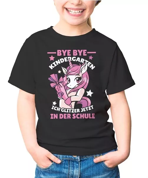 Kinder T-Shirt Mädchen  mit Einhorn Motiv und Spruch Bye Bye Kindergarten, ich