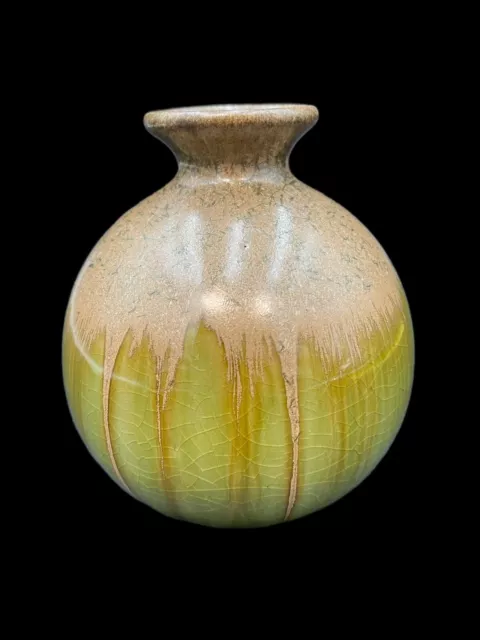 Vintage Pottery Bud Vase Green & Brown Ombré Mid Century Modern Drip Glaze 4.5”
