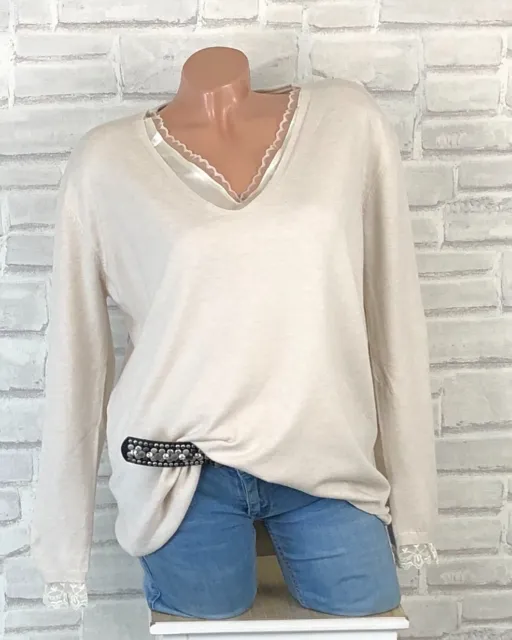 2 in 1 Optik Damen Feinstrick Pullover Pulli Weich Spitze 38 40 42 Beige 8167