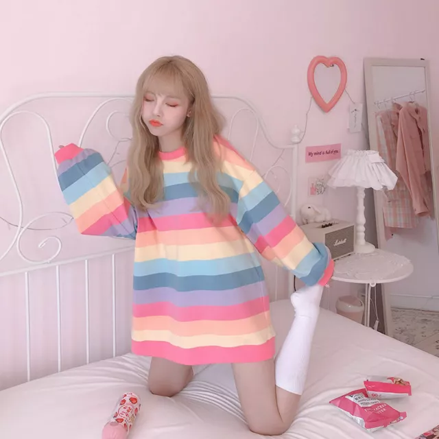 Women Girls Rainbow Striped Cotton T-shirt Loose Harajuku Top Long Sleeve Chic