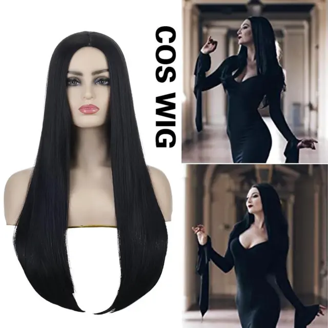 Womens Long Black Wig For Morticia Addams Family Halloween Y7Q8 Costume·