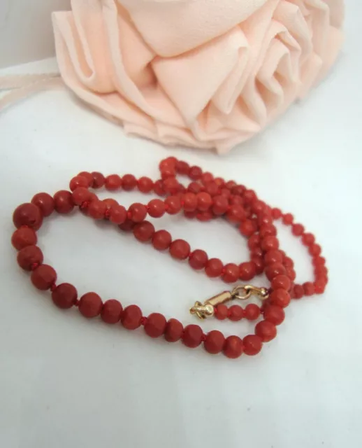 Antique Natural Ox-Blood Coral Graduated Small Bead Necklace - 9ct Clasp