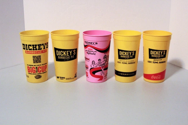 Lot of 5 Dickey's BBQ Pit 32 oz Coke Big Yellow Cups, Pink, All Different