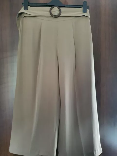 Primark Atmosphere Size 12 Khaki Short Crop Cropped Trousers Belt Look Wide Leg