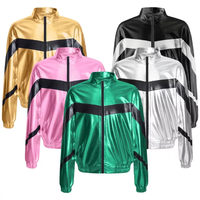 Girls Boys Long Sleeves Metallic Bomber Jacket Hip-Hop Jazz Street Dance Coat