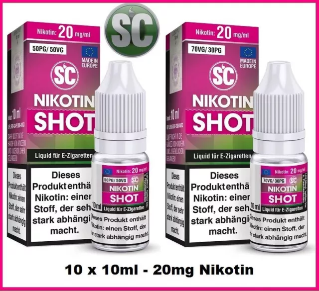 10 x SC Nikotin Shots 50/50 70/30 PG/VG 20 mg Base Nicshot E-Liquid