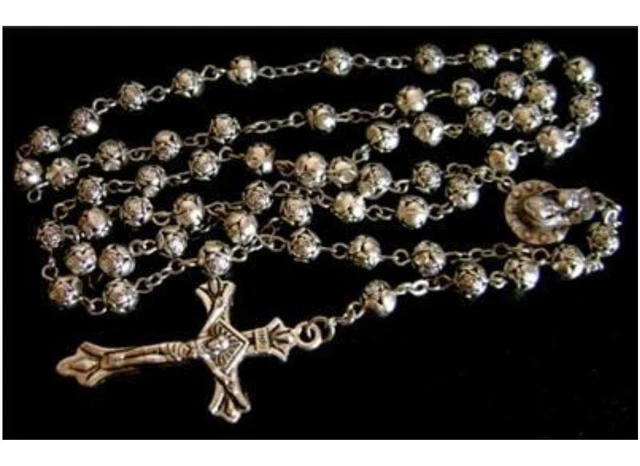 Tibet Silver Rose Flower beads Necklace Rosary & Cross Catholic crucifix