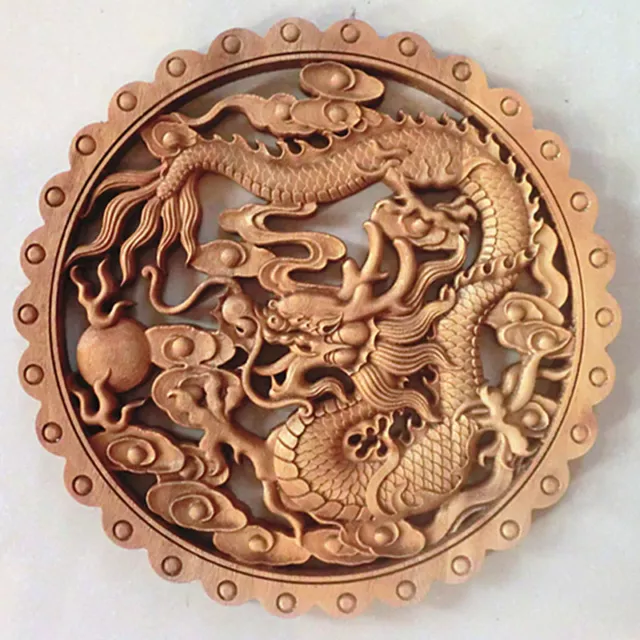 Art ! Chinese Hand Carved Dragon Statue Camphor Wood Plate Wall Sculpture Nr