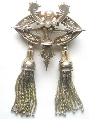 Antique Art Deco Vintage Brooch Pendant Tassel Seed Pearl Pin 9ct Yellow Gold