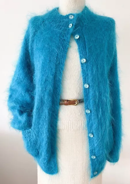 Vtg Hand Knitted Turquoise Blue Fluffy Mohair Long Cardigan Size 52" / M-L