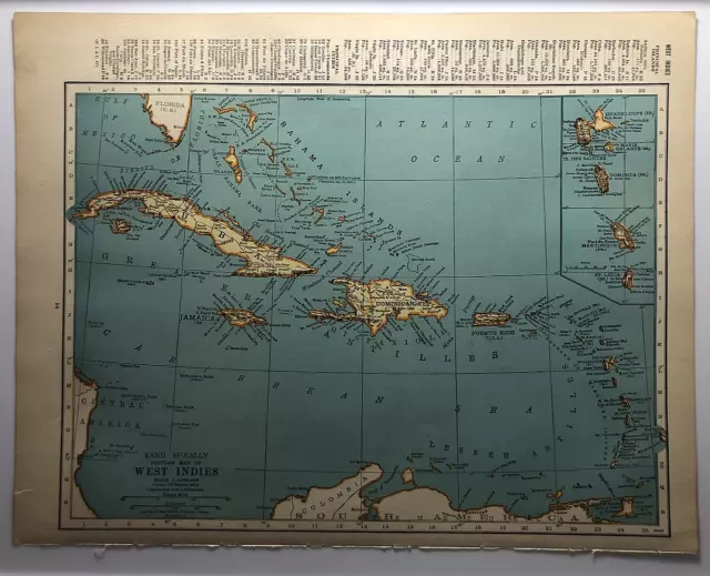 1947 Antique WEST INDIES Authentic Old Atlas Map - Rand McNally World Atlas