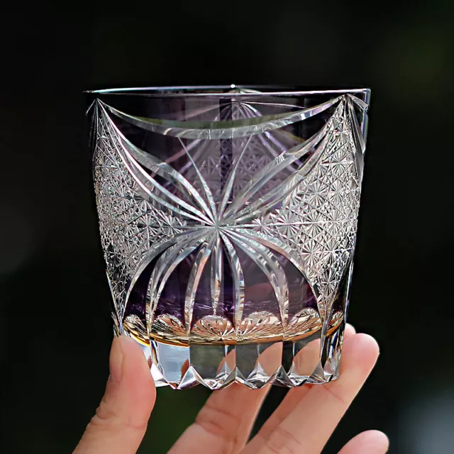 Japanese Edo Kiriko Crystal Whiskey Glasses Hand Cut To Purple 9oz Gift Packing