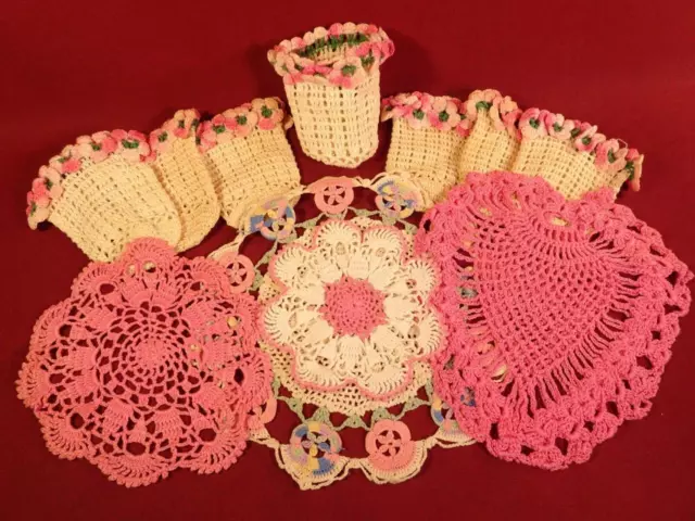 Vintage Colorful Hand Crocheted Doily Lot Pretty Pink Florals Cup Cozies