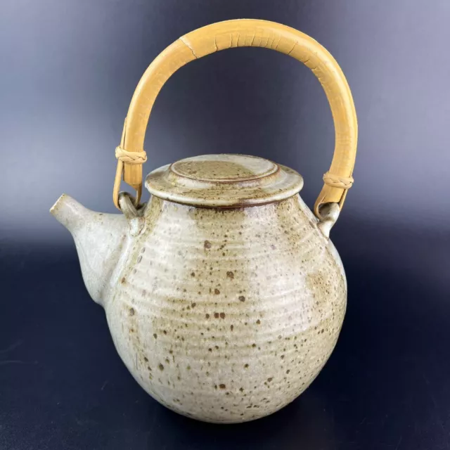 Handmade Wheel Thrown Studio Art Pottery Stoneware Tea Pot Bamboo Handle EUC