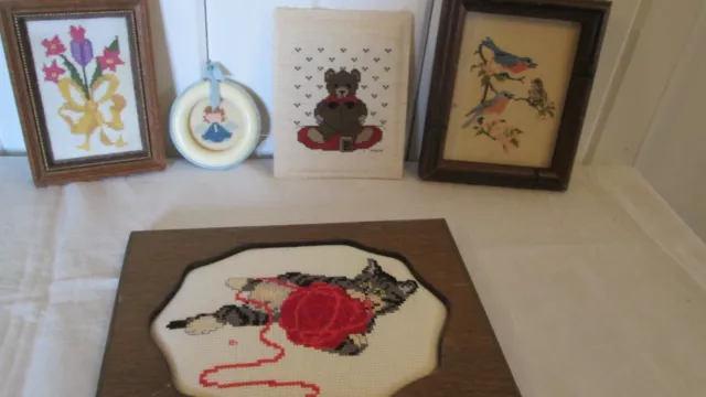 Lote completo de 5 puntos de cruz para cabaña de campo gato gatito oso aves florales