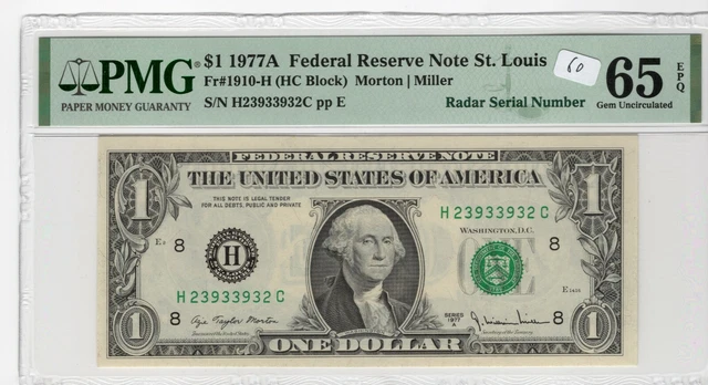 $1 1977A FRN Fr# 1910-H HC Block PMG UNC 65 EPQ Radar Serial St Louis