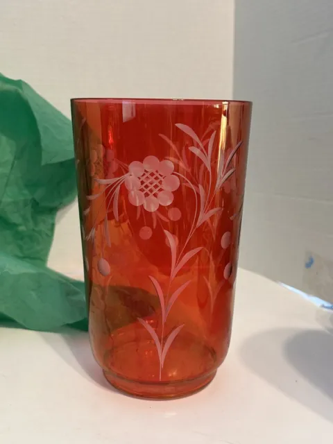 VTG Large MCM Ruby Red Cranberry Floral Etched 8” Tall Cut To Clear Wise Vase