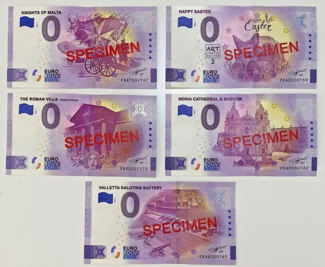 2022 0 Euro Souvenir Banknotes Malta SPECIMEN Set of 5 Souvenirscheine Billets