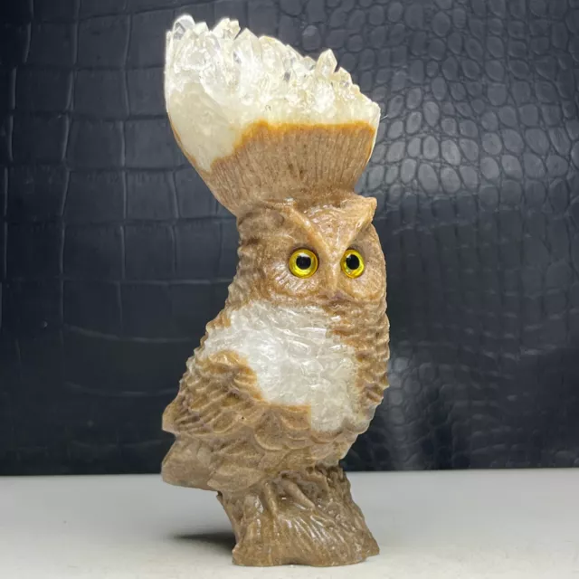 Natural Crystal Cluster Quartz Specimen Stone,Hand-Carved OWL.Stone Statue.OF