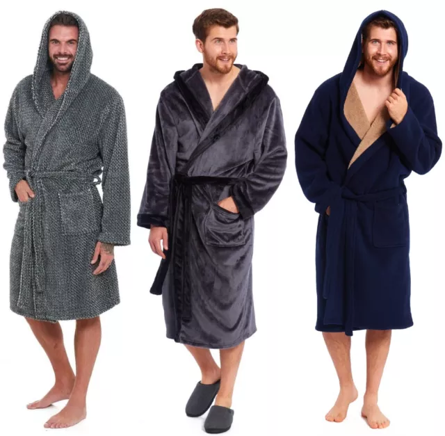 Mens EX STORE Dressing Gown Hooded Snuggly Luxury Thermal Fluffy Soft Cozy Robes