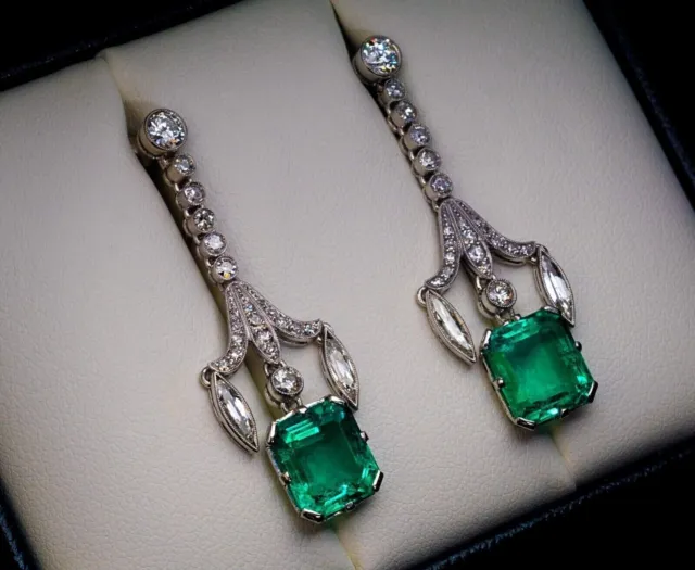 Art Deco Vintage Style Emerald & Lab-Created Diamond Dangle 925 Silver Earrings