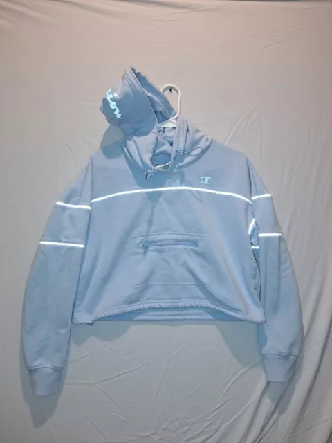 Champion UO Exclusive Reflective Hoodie Sweatshirt Blue Spell Out Size Small