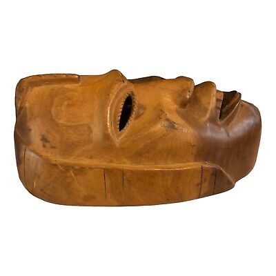 Vintage Hand Carved Mahogany Wood African Mask Eyes Nose Mouth Cut Out Tongue