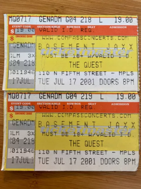 Ticket Stub Concert Tour Minneapolis Minnesota Basement Jaxx The Quest 7/17/2001