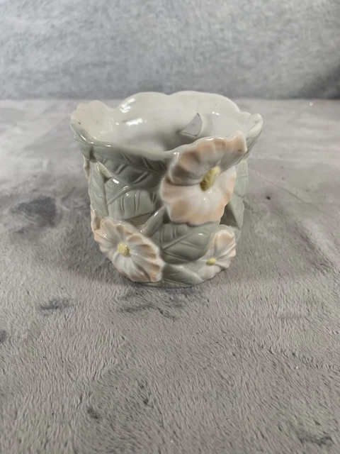 Candle Vintage Votive Pottery Floral Pinkish Yellow Green Candle Holder