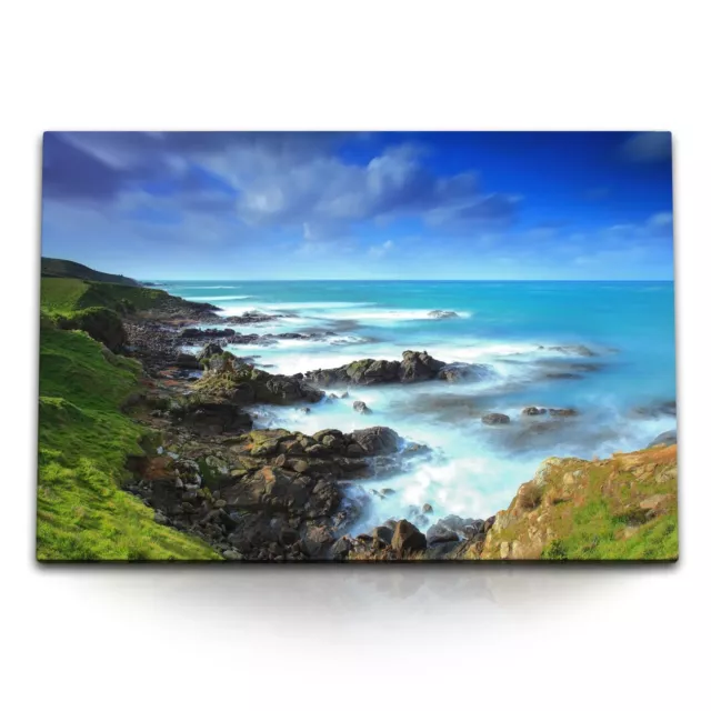 120x80cm Wandbild auf Leinwand Neuseeland Küste Meer Felsen Blau Horizont