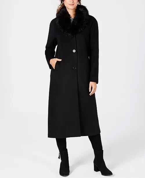 Jones New York Faux-Fur-Collar Maxi Coat, 6 Black