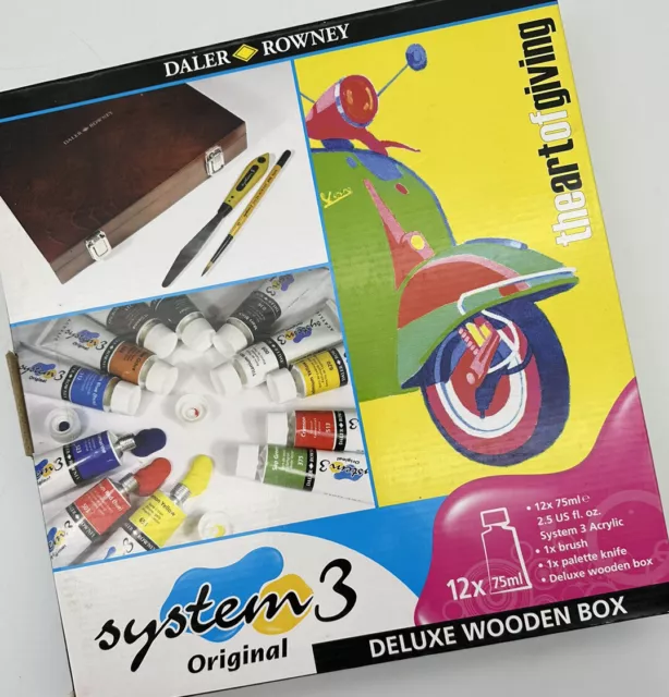 Daler Rowney System 3 Acrylics In Deluxe Wooden Box  - 12 x 75ml Paint Tubes