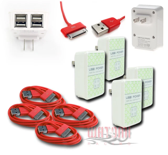 4X 4 Usb Port Wall Adapter+3Ft Cable Power Charger Red For Iphone 4S Ipod Ipad