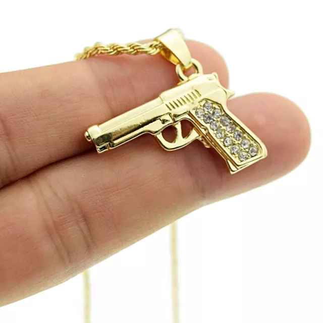 Mens 14K Gold Plated Pistol Gun Iced Micro Pendant CZ Chain Rope Necklace 24"