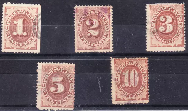 US Scott J1-J4, J5 old 1c-10c Postage Due stamps brown U/F-VF CV $185