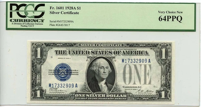 1928A $1 Silver Certificate Blue Woods Mellon Fr# 1601 PCGS CU 64 PPQ
