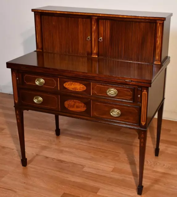 1920 Antique English Edwardian Mahogany inlaid secretary / tambour writing desk